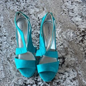 Xappeal Teal Open-Toe Slingback Heels with Cross Straps